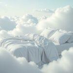 Weiches Bett mit weisser Bettwaesche inmitten von Wolken, Symbolbild fuer topper 180x200 und maximalen Liegekomfort