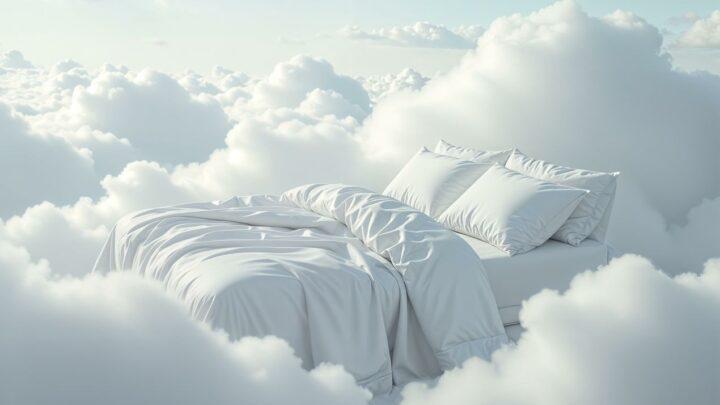 Weiches Bett mit weisser Bettwaesche inmitten von Wolken, Symbolbild fuer topper 180x200 und maximalen Liegekomfort