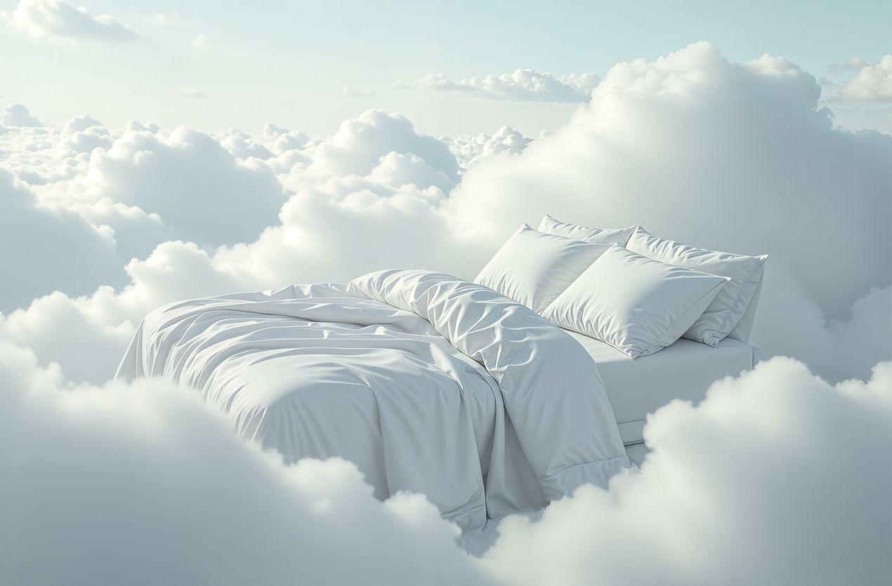 Weiches Bett mit weisser Bettwaesche inmitten von Wolken, Symbolbild fuer topper 180x200 und maximalen Liegekomfort