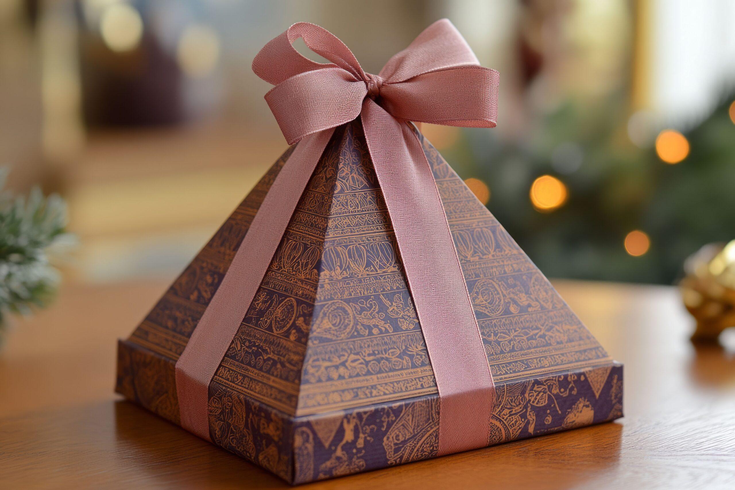 Besonders gestaltetes Geschenk in Pyramidenform mit rosa Schleife