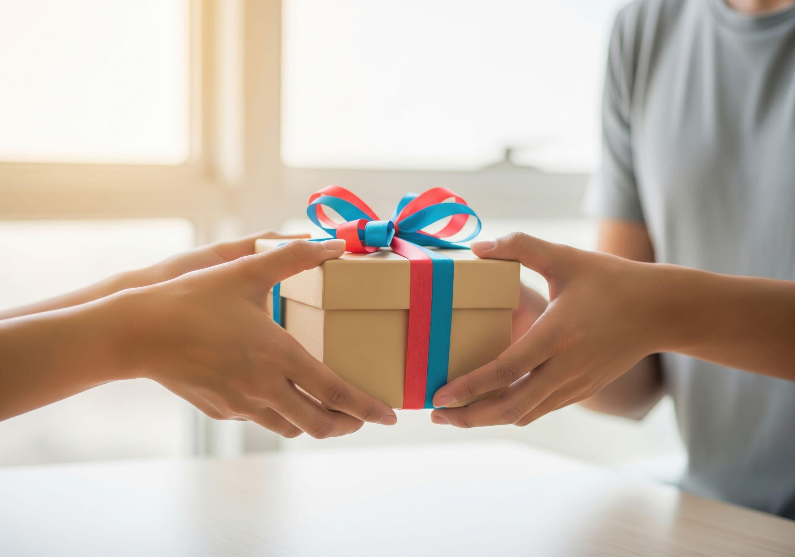 Zwei Personen überreichen sich ein Geschenk mit Schleife