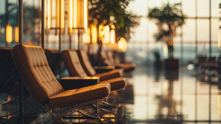 Elegante Ledersessel in einer ruhigen Flughafenlounge bei Sonnenuntergang, mit Spiegelungen auf dem Boden und stilvoller Beleuchtung – ideal für entspannte Ankunft bei einer high class escort Reise.