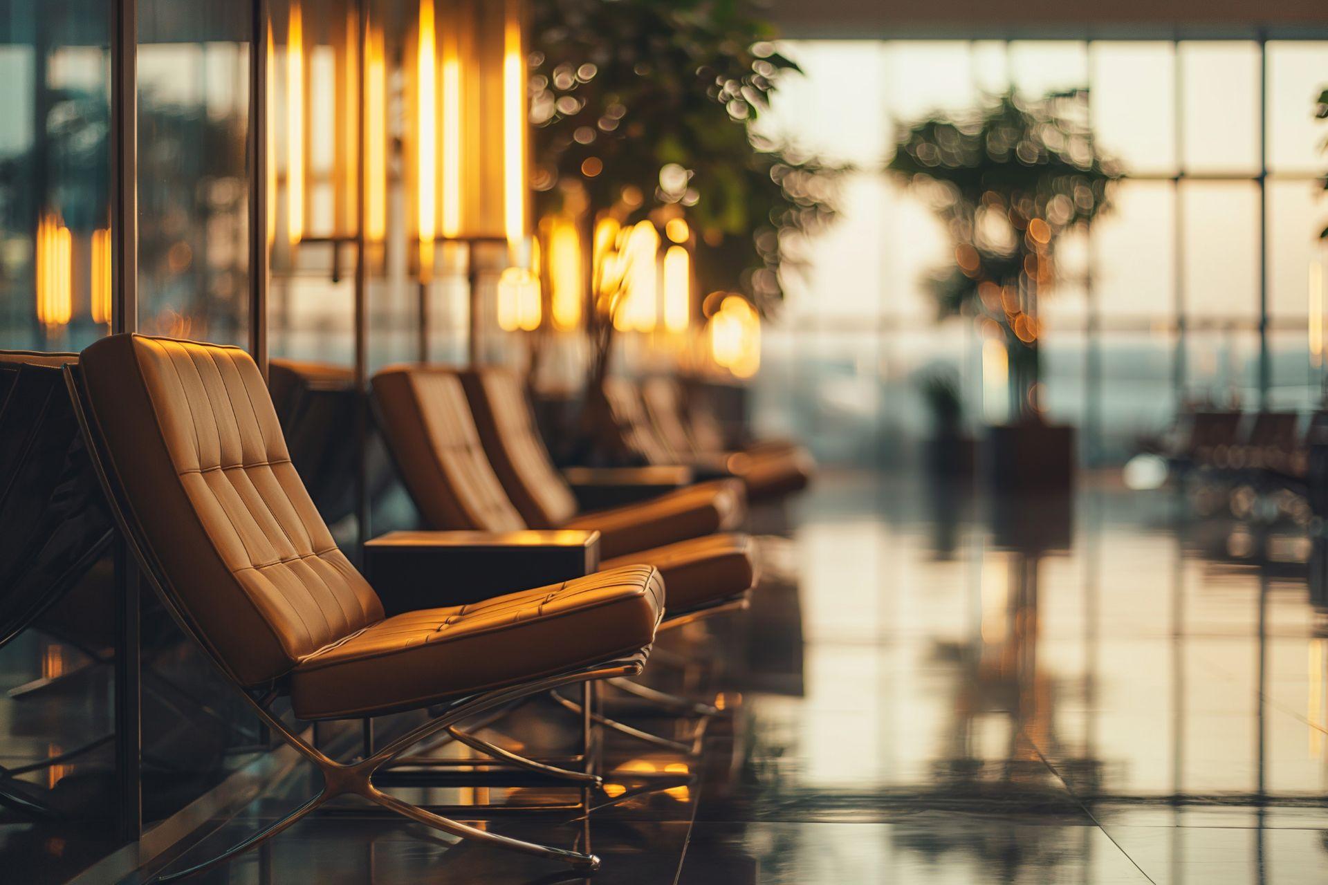 Elegante Ledersessel in einer ruhigen Flughafenlounge bei Sonnenuntergang, mit Spiegelungen auf dem Boden und stilvoller Beleuchtung – ideal für entspannte Ankunft bei einer high class escort Reise.